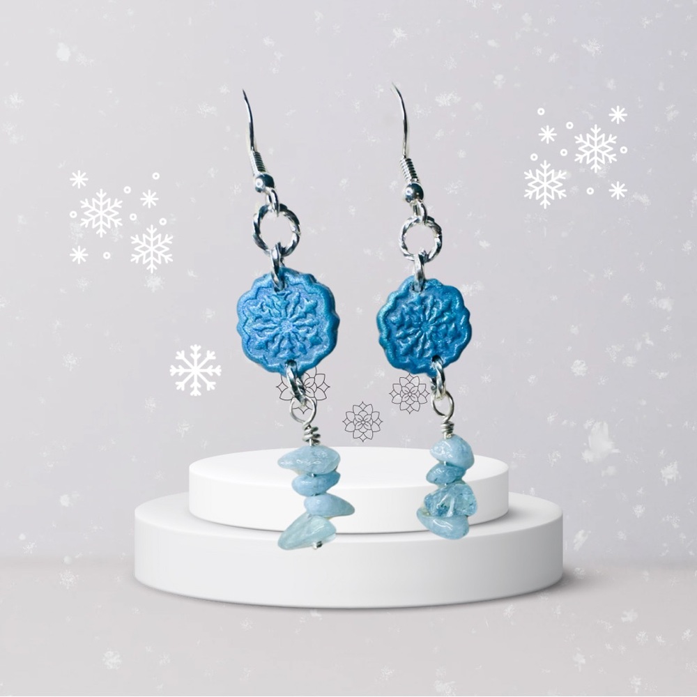 Hand Crafted Aquamarine Chip Earrings with Polymer Clay Snowflake Connector